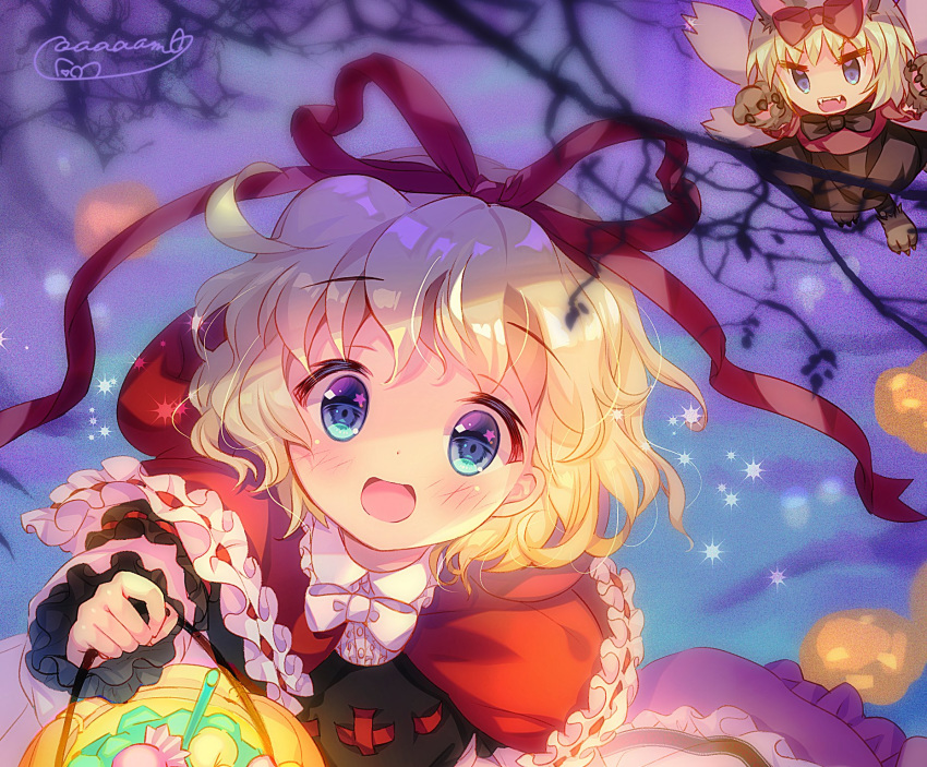 1girl, amo, animal_costume, apron, apron_hold, apron_tug, bare_tree, basket