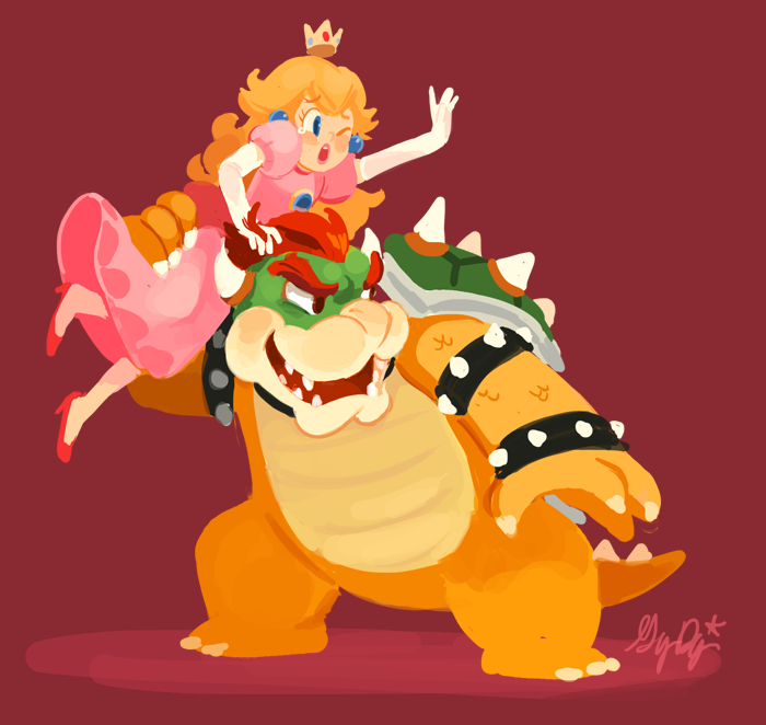 blonde_hair, bowser, crown, dress, gigi_d.g., green_shell, horns, super_mario_bros., pink_dress, princess_peach, redhead, source_request