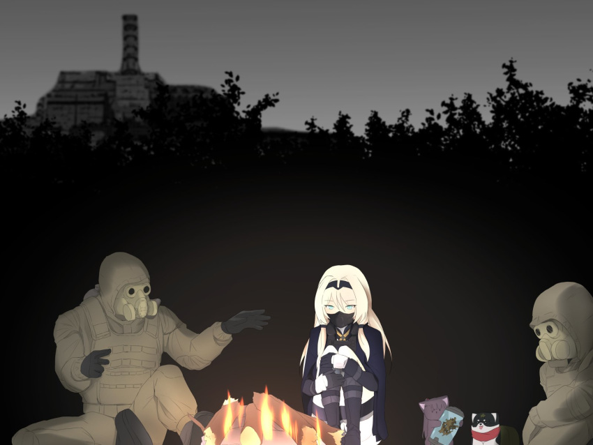 1girl, 2boys, an-94_(girls_frontline), animalization, blonde_hair, blue_eyes, bonfire, cat
