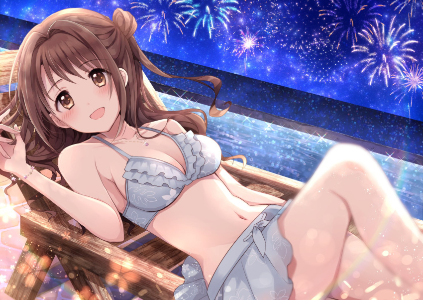 1girl, beach_chair, bikini, bikini_skirt, brown_hair, fireworks, frilled_bikini, frills
