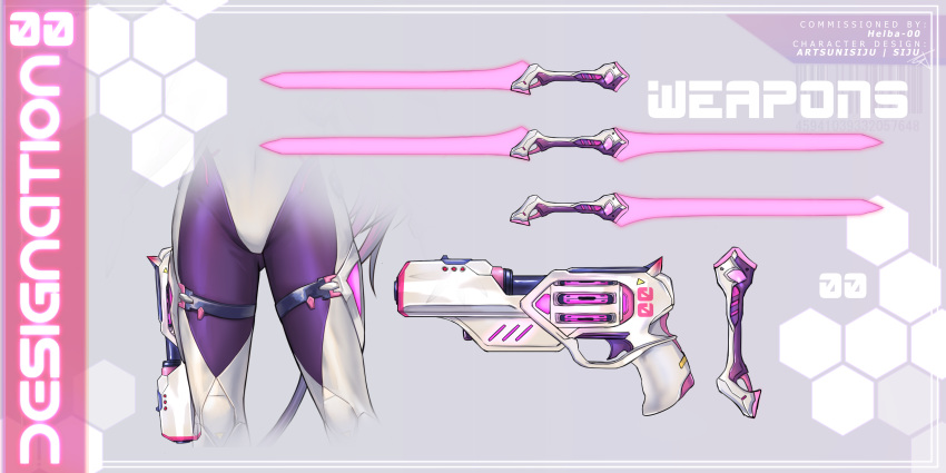 absurdres, android, bodysuit, character_sheet, commission, cyberpunk, energy_sword, english_commentary