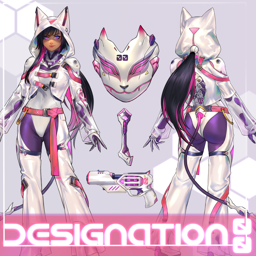 android, animal_ears, animal_hood, black_hair, bodysuit, bodysuit_under_clothes, cat_ears, cat_girl