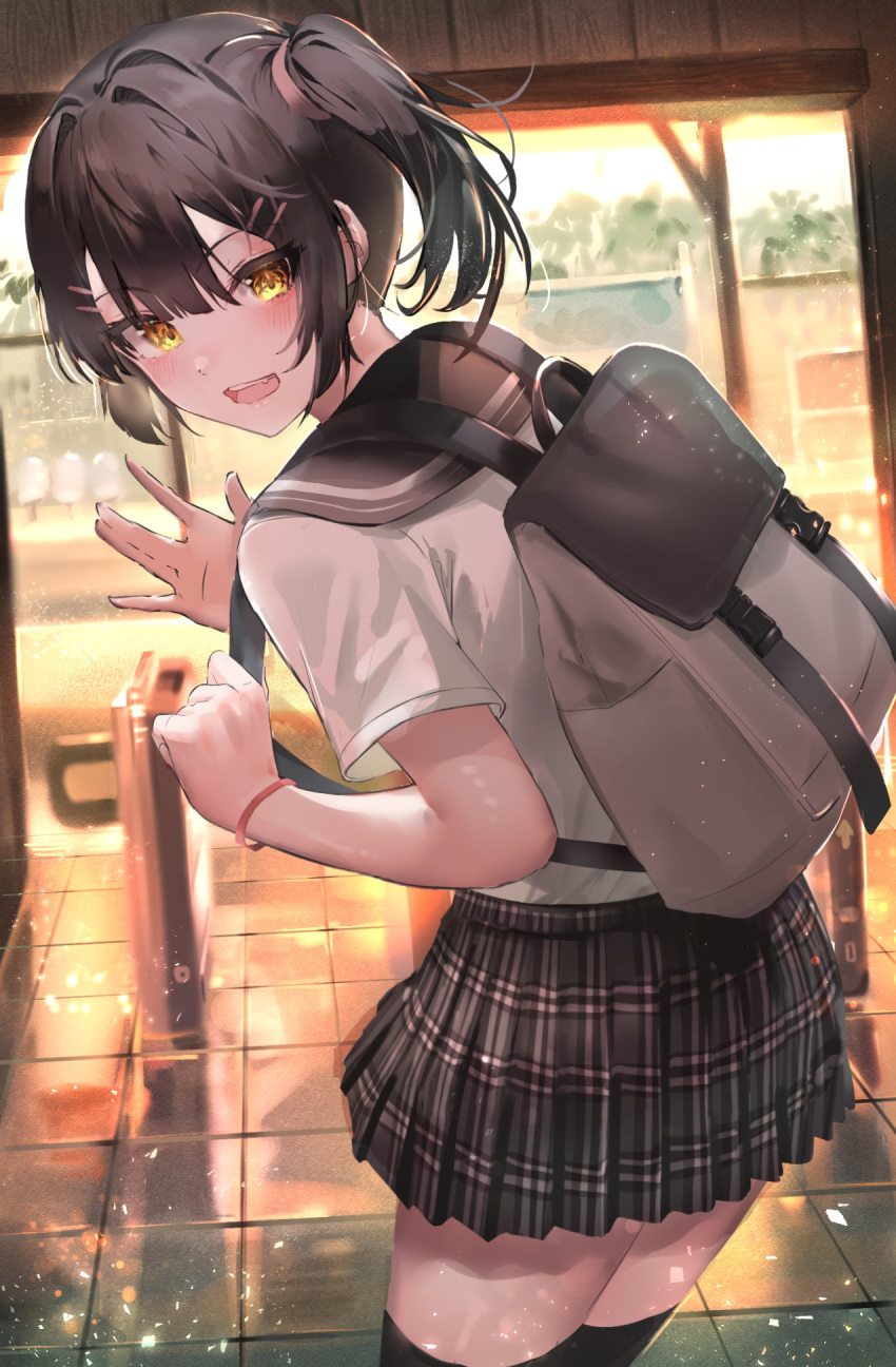 1girl, backpack, bag, bent_over, black_hair, black_legwear, blush, hair_tie