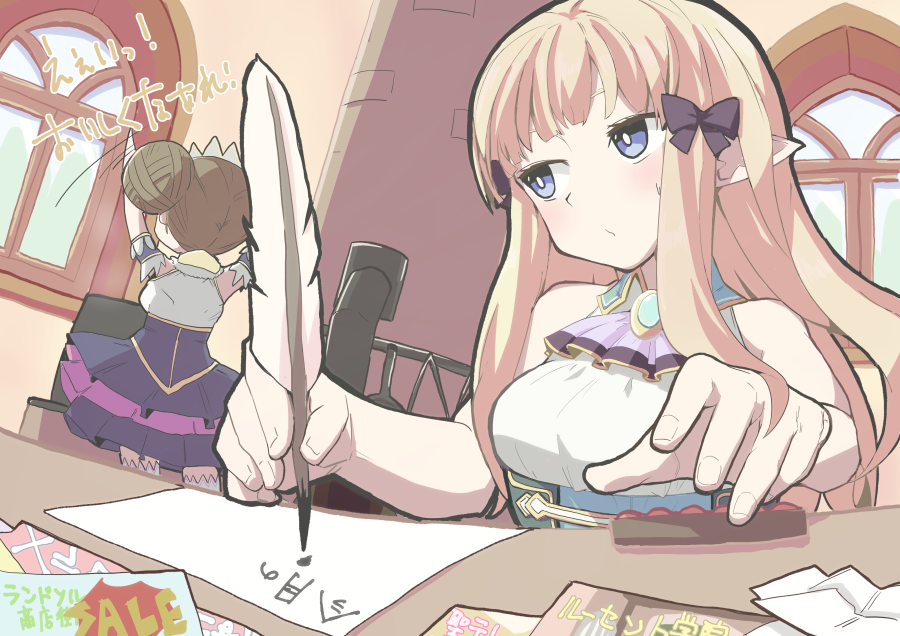 1girl, bangs, black_bow, blonde_hair, blue_eyes, blush, bow, breasts