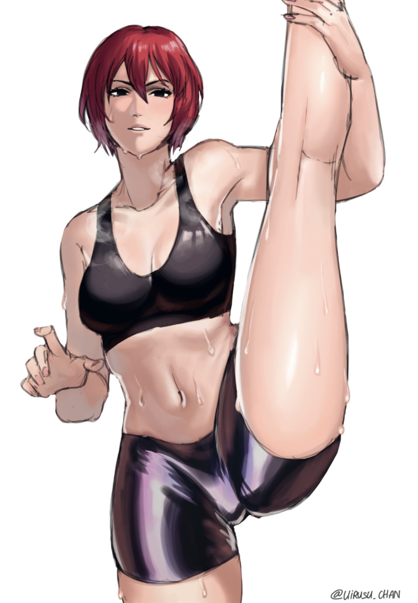 1girl, black_eyes, black_halter_top, black_shorts, breasts, character_request, cowboy_shot, hair_between_eyes, halter_top, halterneck, hanny_(uirusu_chan), highres, medium_breasts, navel, original, parted_lips, redhead, short_hair, shorts, split, standing, standing_on_one_leg, standing_split, sweat, white_background
