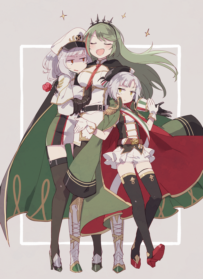 3girls, azur_lane, bangs, beret, black_legwear, blunt_bangs, blush, breasts