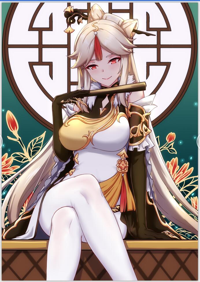 1girl, breasts, chinese_clothes, commentary_request, crossed_legs, daidailong, detached_sleeves, fan