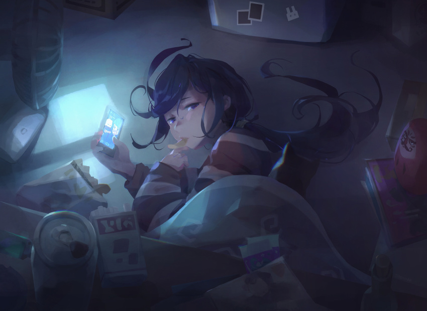 1girl, alternate_hairstyle, baggy_clothes, beer_can, black_cat, black_hair, can, cat, cellphone, chips, commentary, english_commentary, food, fore, highres, holding, holding_phone, jill_stingray, kotatsu, long_hair, looking_at_viewer, low_ponytail, lying, messy_hair, night, on_side, phone, potato_chips, screen_light, smartphone, solo, striped, striped_sweater, sweater, table, va-11_hall-a, violet_eyes, zeni