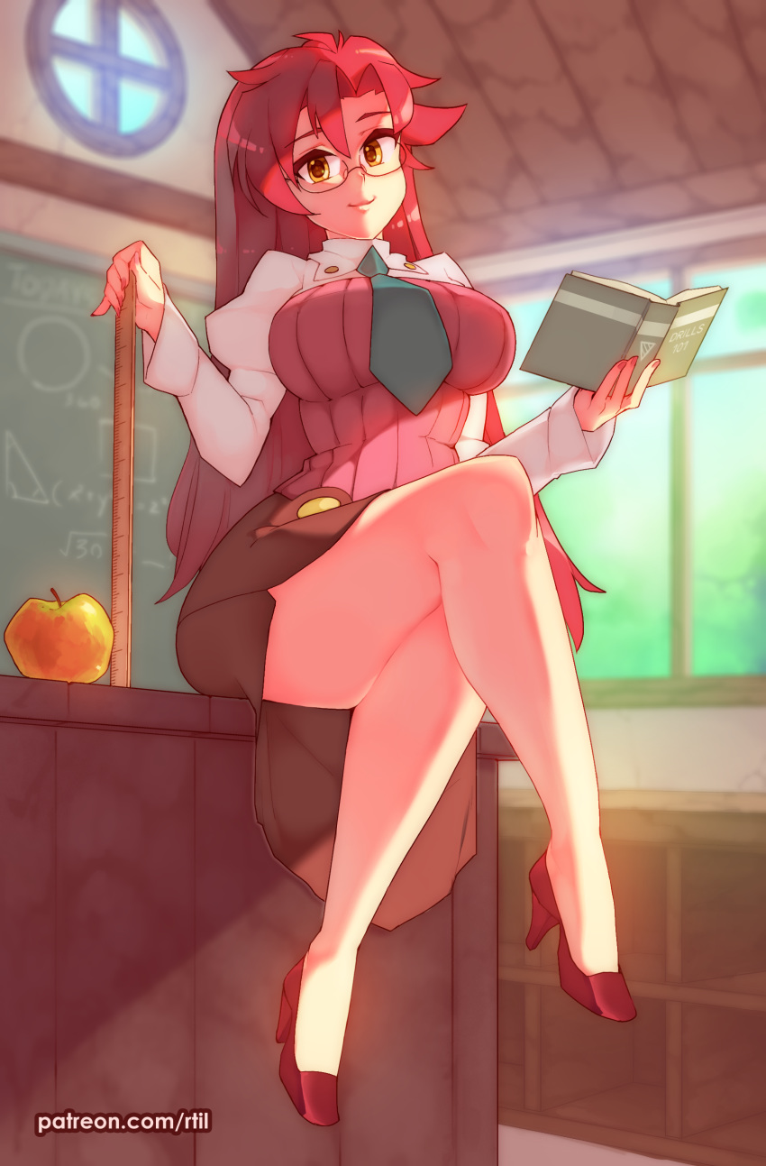 1girl, absurdres, apple, bespectacled, blue_neckwear, book, breasts, classroom