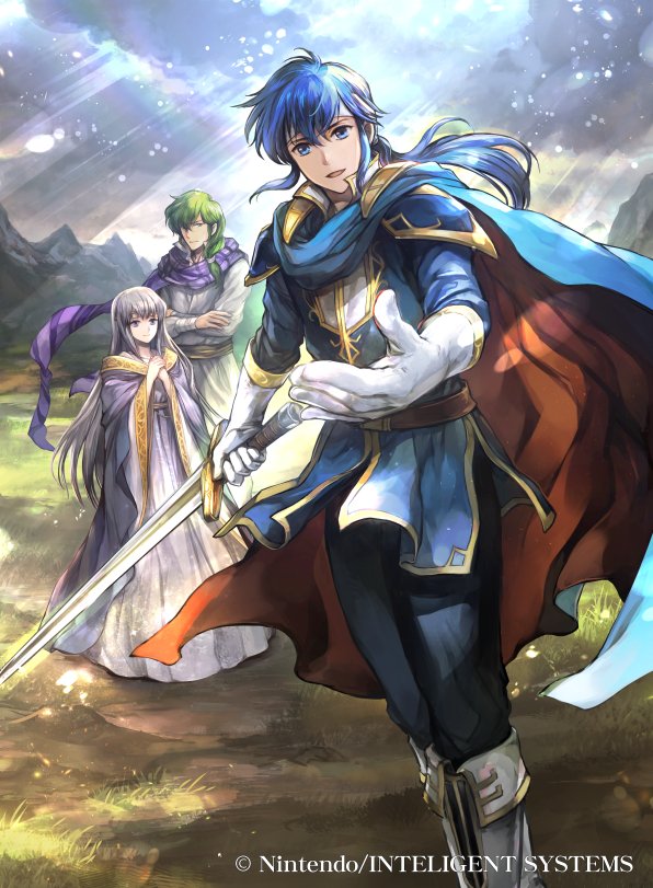 1girl, 2boys, blue_cape, blue_eyes, blue_hair, blue_shirt, cape, fire_emblem, fire_emblem:_genealogy_of_the_holy_war, fire_emblem_cipher, green_hair, headband, julia_(fire_emblem), lewyn_(fire_emblem), multiple_boys, official_art, purple_scarf, robe, scarf, seliph_(fire_emblem), shirt, silver_hair, sword, wada_sachiko, weapon