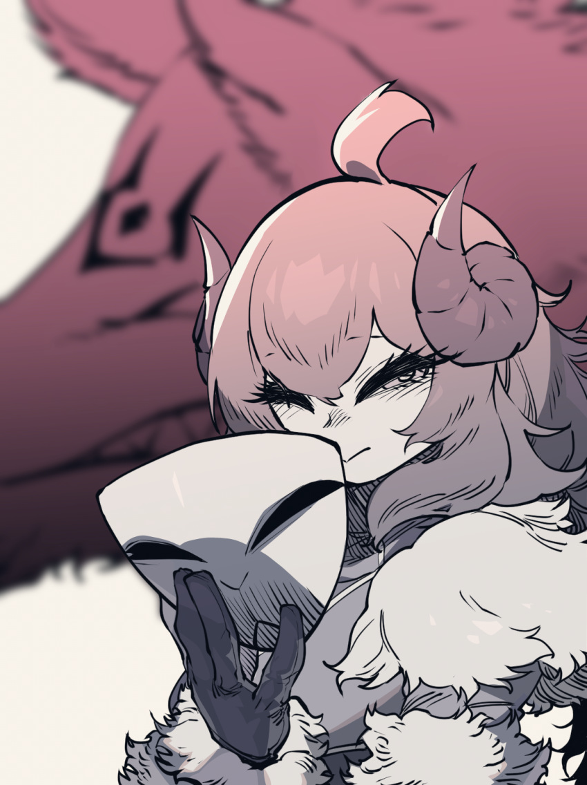 1girl, ahoge, closed_eyes, closed_mouth, curled_horns, fur_trim, gloves, highres