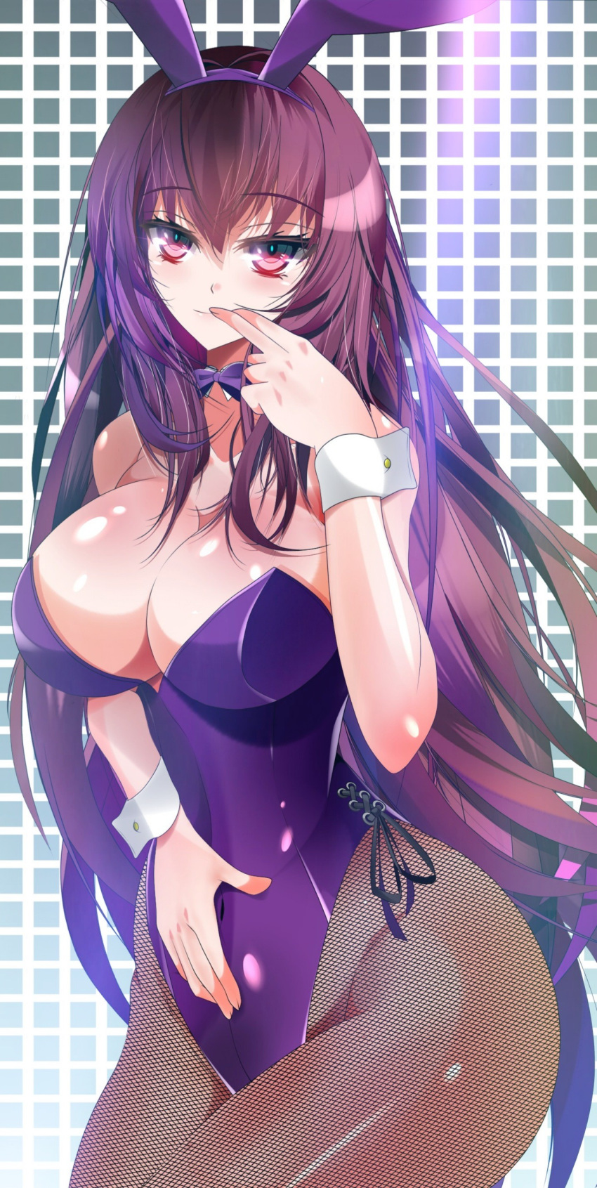 1girl, absurdres, animal_ears, breasts, covered_navel, detached_collar, fake_animal_ears, fate/grand_order, fate_(series), finger_to_mouth, fishnet_legwear, fishnets, hairband, hand_on_own_stomach, highleg, highleg_leotard, highres, large_breasts, leotard, long_hair, piercing_bunny, playboy_bunny, purple_hair, purple_hairband, purple_leotard, purple_neckwear, rabbit_ears, red_eyes, scathach_(fate)_(all), scathach_(fate/grand_order), smile, solo, strapless, strapless_leotard, wrist_cuffs, yahoo0124