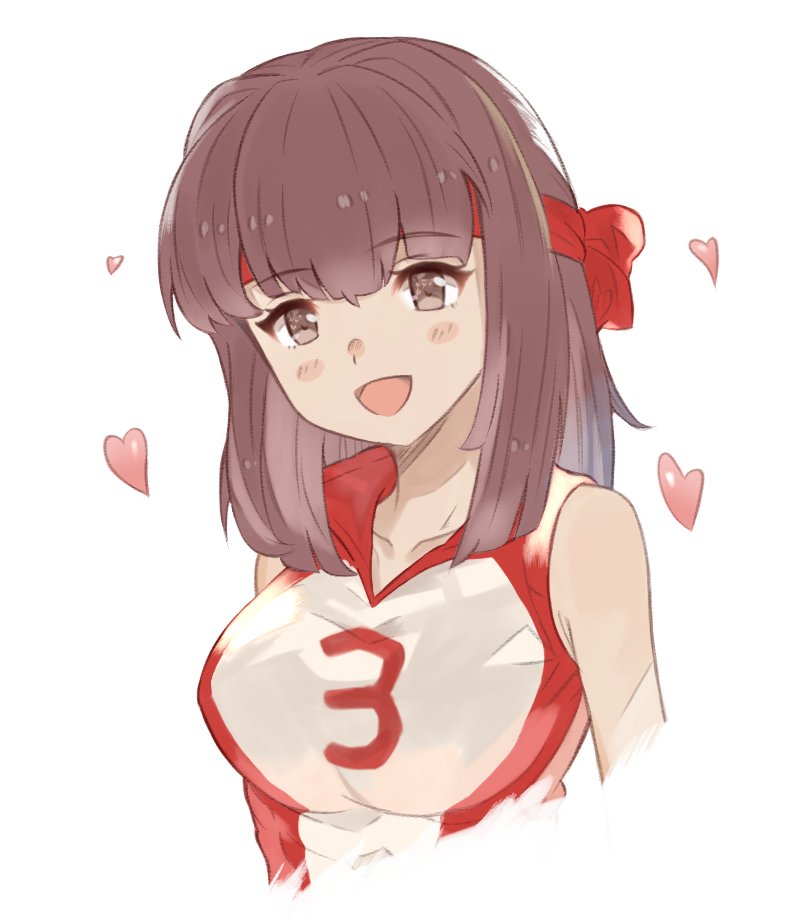1girl, :d, arutoria_(187497382), bangs, brown_eyes, brown_hair, commentary, cropped_arms, cropped_torso, eyebrows_visible_through_hair, girls_und_panzer, headband, heart, kondou_taeko, looking_at_viewer, medium_hair, open_mouth, red_headband, red_shirt, shirt, simple_background, sleeveless, sleeveless_shirt, smile, solo, sportswear, upper_body, volleyball_uniform, white_background