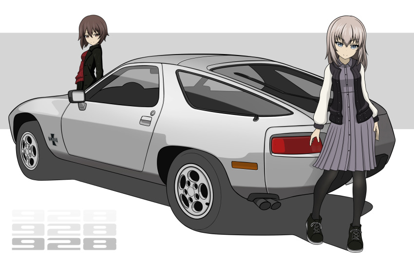 2girls, absurdres, black_legwear, brown_eyes, brown_hair, car, dress, girls_und_panzer, grey_eyes, grey_hair, ground_vehicle, highres, itsumi_erika, jacket, kano_(nakanotakahiro1029), looking_at_viewer, looking_back, motor_vehicle, multiple_girls, nishizumi_maho, pantyhose, porsche, porsche_928, shoes, short_hair, sneakers