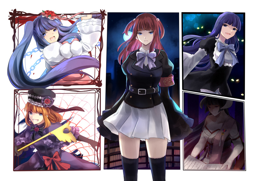 5girls, absurdres, armband, bernkastel, black_legwear, blue_eyes, bow, eva_beatrice