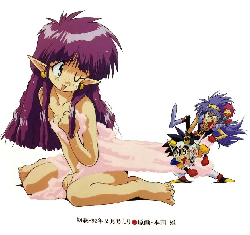 1990s_(style), 1992, 1girl, 2boys, arara_cocoa, baba_lamune, barefoot, black_hair