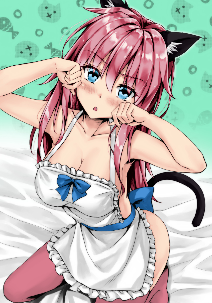 1girl, animal_ears, apron, bed_sheet, blush, breasts, cat_girl, colorized