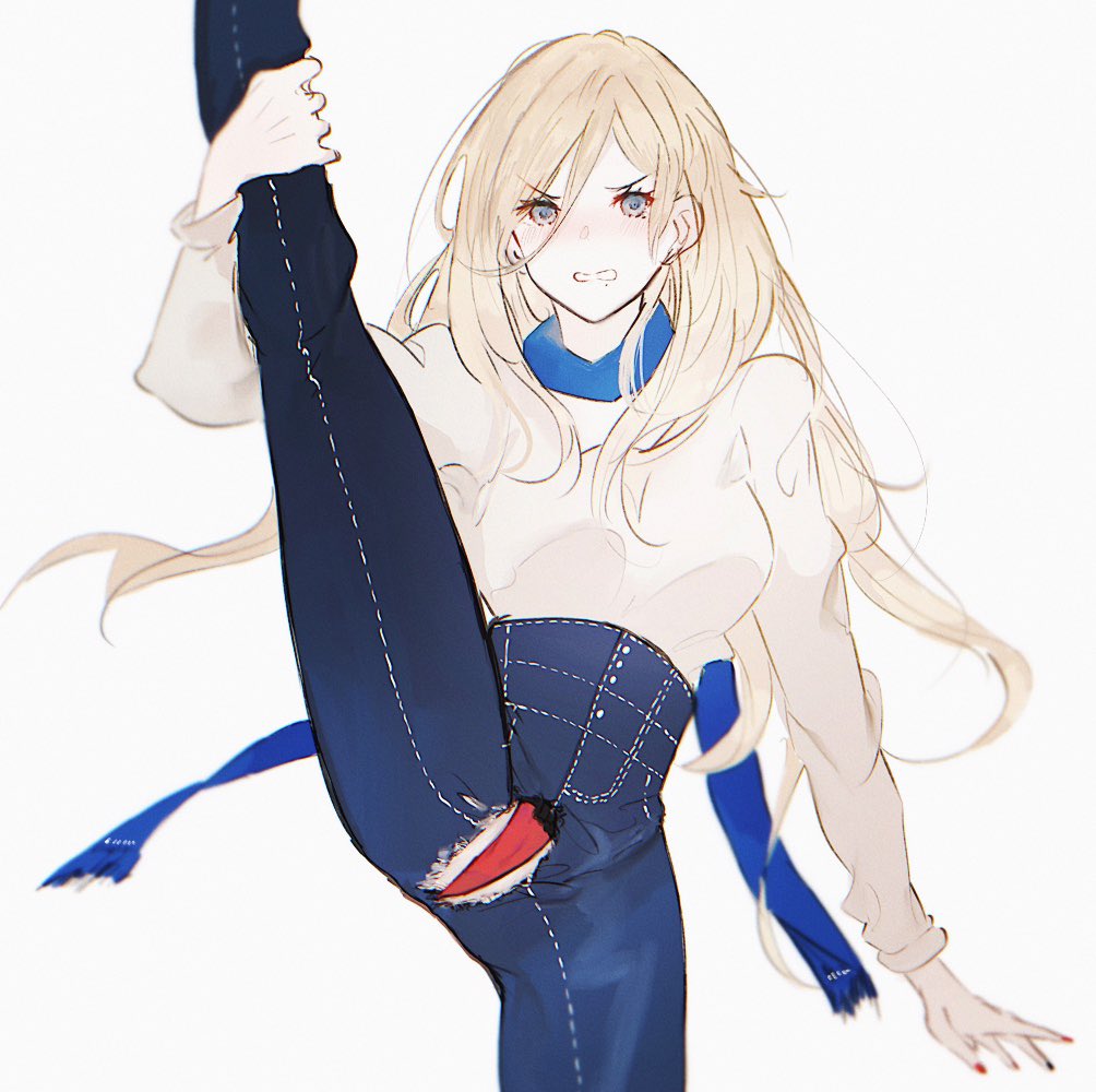 1girl, ankodesoy, aqua_eyes, blonde_hair, blue_scarf, grey_background, hair_between_eyes, high-waist_pants