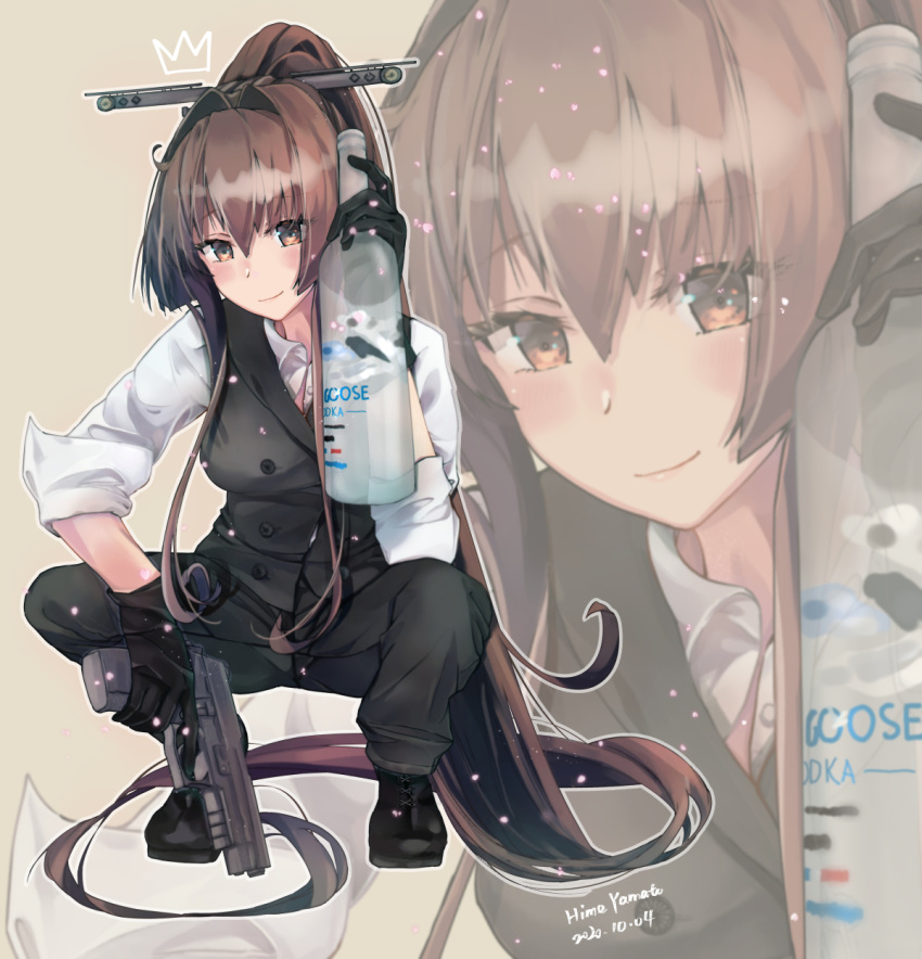 1girl, absurdly_long_hair, alcohol, bottle, breasts, brown_eyes, brown_hair, gun, handgun, highres, himeyamato, kantai_collection, large_breasts, long_hair, pants, pistol, ponytail, sig_sauer, sig_sauer_p220, smile, very_long_hair, vest, vodka, weapon, yamato_(kantai_collection)
