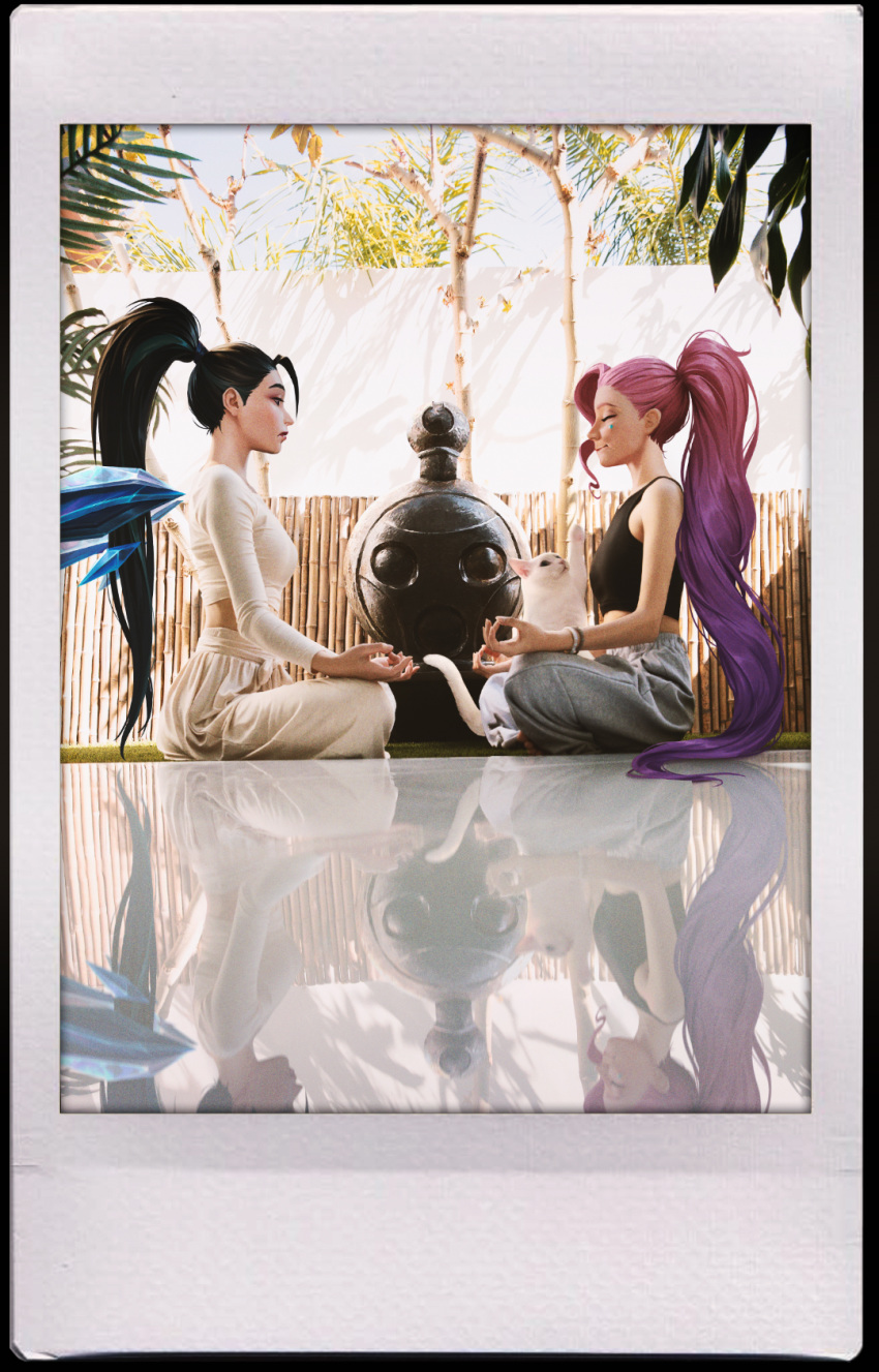 2girls, antenna_hair, bao_(league_of_legends), barefoot, black_hair, bracelet, breasts, cat, closed_eyes, commentary, crop_top, english_commentary, facial_mark, facing_another, faux_traditional_media, feet, high_ponytail, highres, jewelry, k/da_(league_of_legends), kai'sa, league_of_legends, lips, long_hair, long_sleeves, lotus_position, meditation, multiple_girls, nose, official_art, pants, pink_hair, ponytail, reflection, reflective_floor, seraphine_(league_of_legends), sitting, small_breasts, smirk, star_(symbol), sweatpants, tank_top, the_baddest_kai'sa, toes, very_long_hair, white_cat