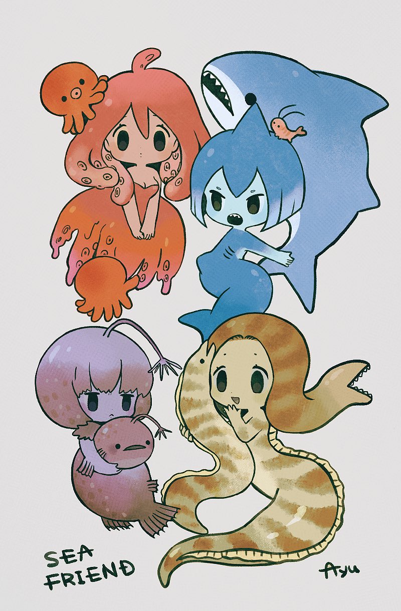 4girls, :d, anglerfish, anglerfish_girl, animal, ayu_(mog), blue_skin, dark_skin, english_text, fish, grey_background, highres, holding, holding_animal, holding_fish, mermaid, monster_girl, moray_eel, multiple_girls, nude, octopus, open_mouth, original, purple_skin, scylla, shark, shark_girl, shrimp, signature, simple_background, smile, suction_cups, tentacle_hair, tentacles
