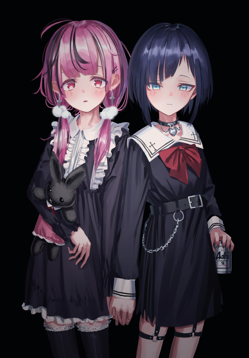 2girls, absurdres, bangs, beer_can, belt, black_background, black_choker, black_dress
