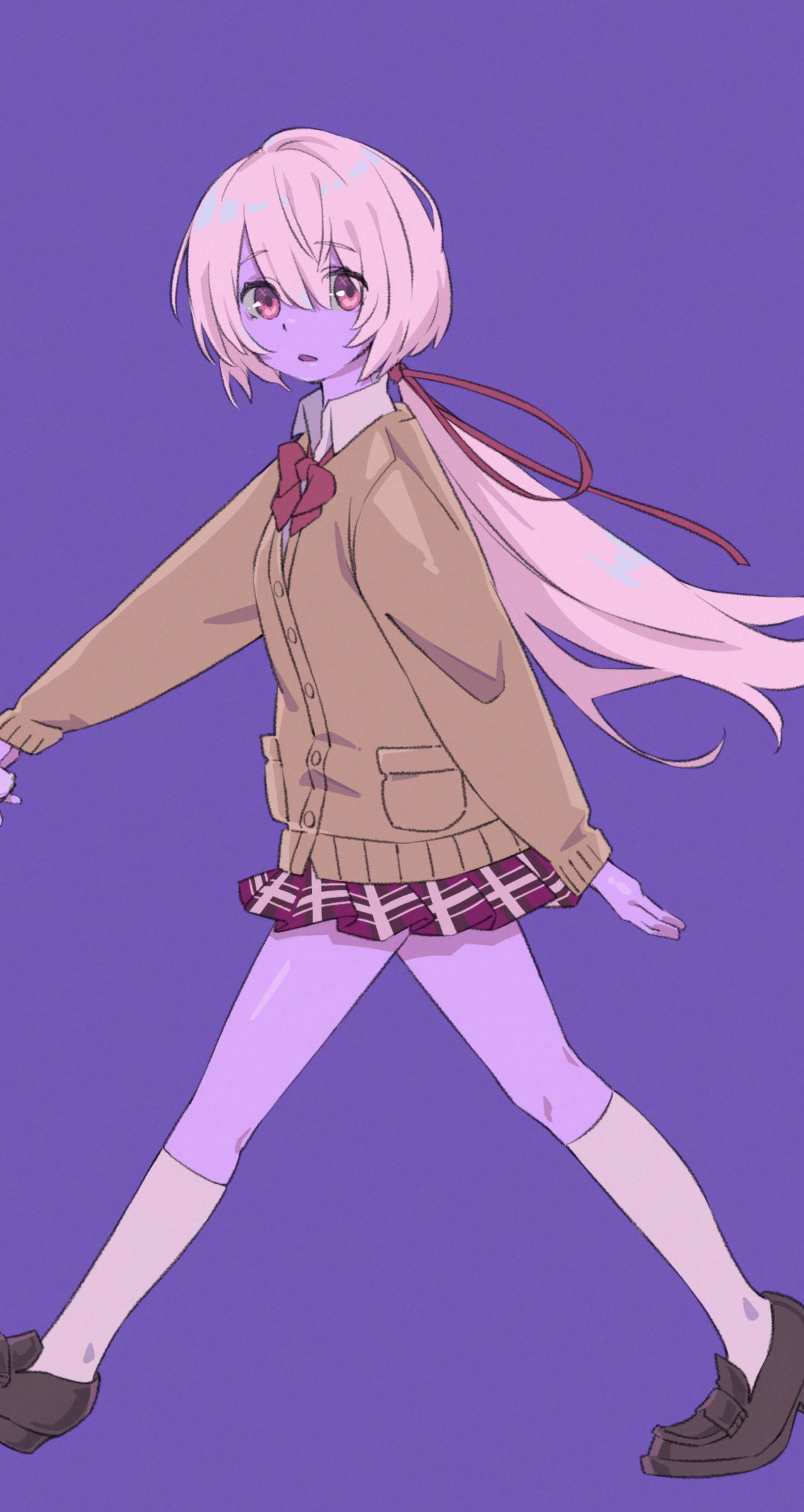 1girl, bangs, blonde_hair, bow, brown_cardigan, brown_footwear, cardigan, collared_shirt
