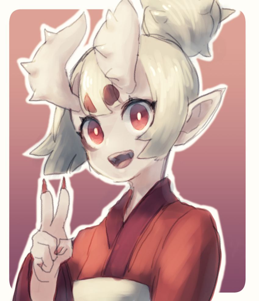 1girl, :d, blonde_hair, border, bright_pupils, gradient, gradient_background, hair_bun