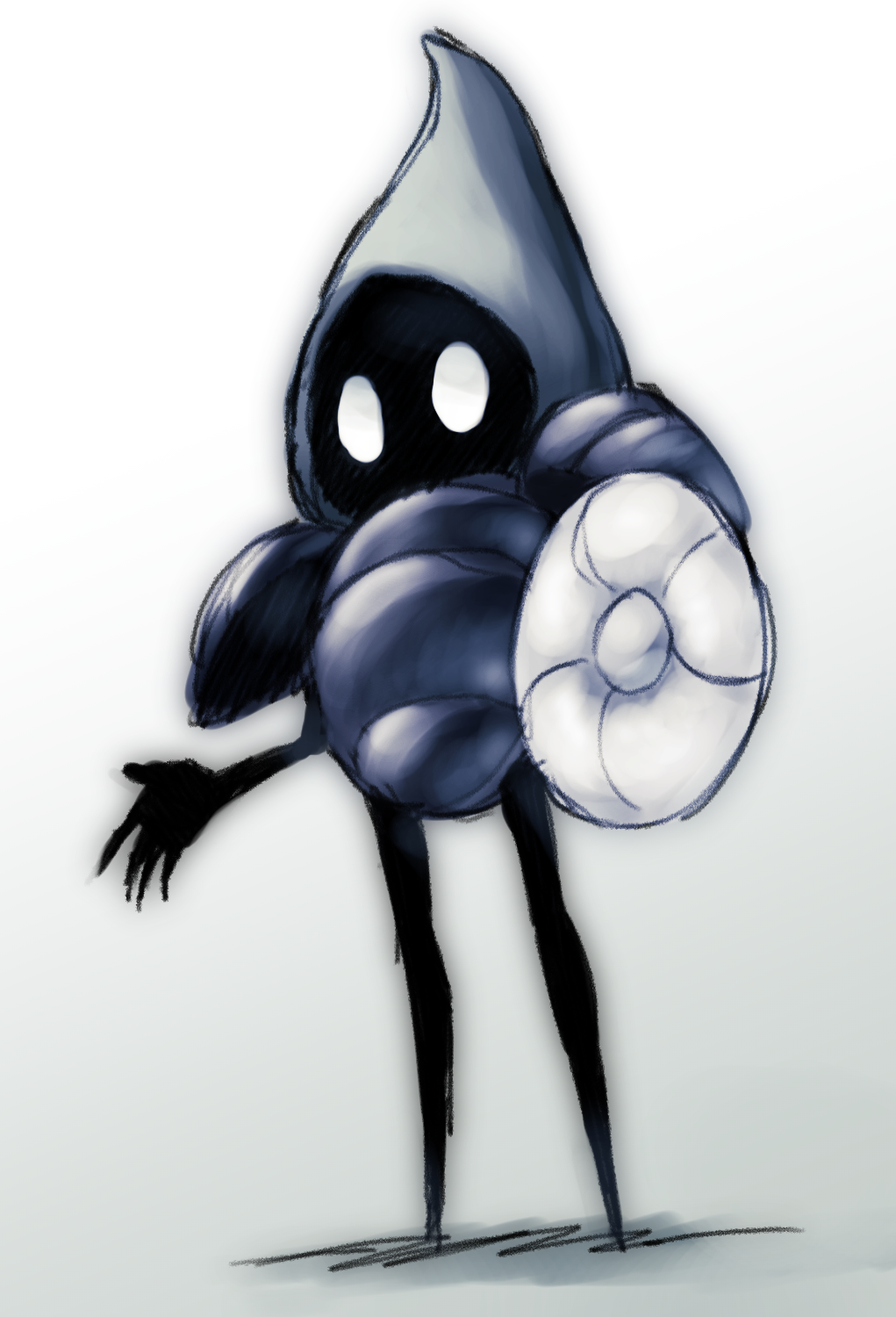 1other, blank_eyes, full_body, highres, hollow_knight, looking_at_viewer, no_humans, okame_nin, simple_background, solo, standing, tiso, white_background