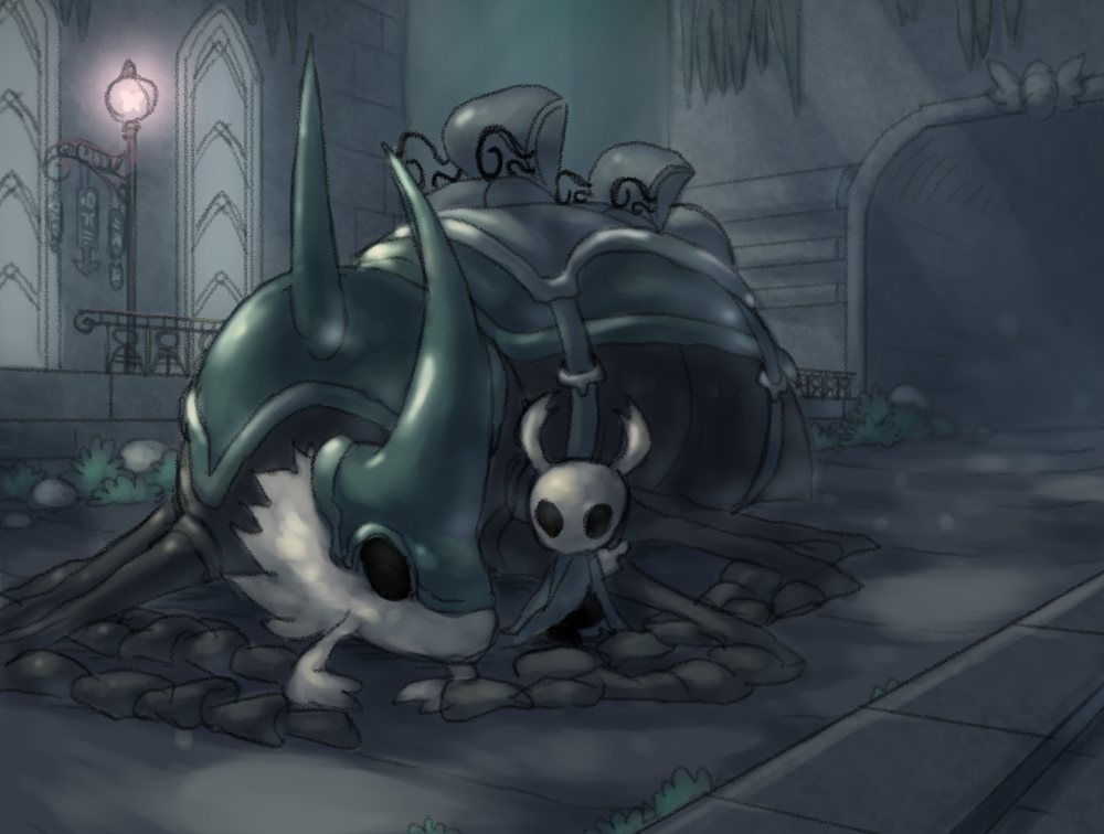 cloak, grey_cloak, hollow_eyes, hollow_knight, knight_(hollow_knight), lamppost, mask, no_humans