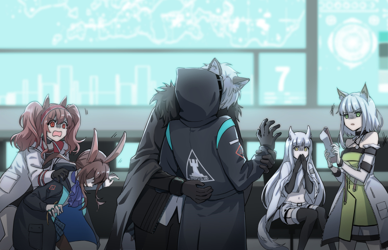 1boy, 1other, 4girls, ambiguous_gender, amiya_(arknights), angelina_(arknights), angry, animal_ears