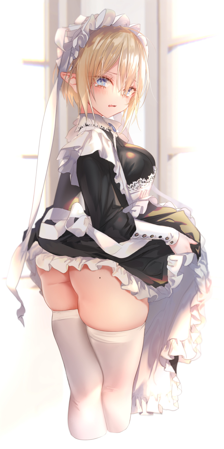 1girl, absurdres, apron, ass, bangs, black_dress, blonde_hair, blue_eyes