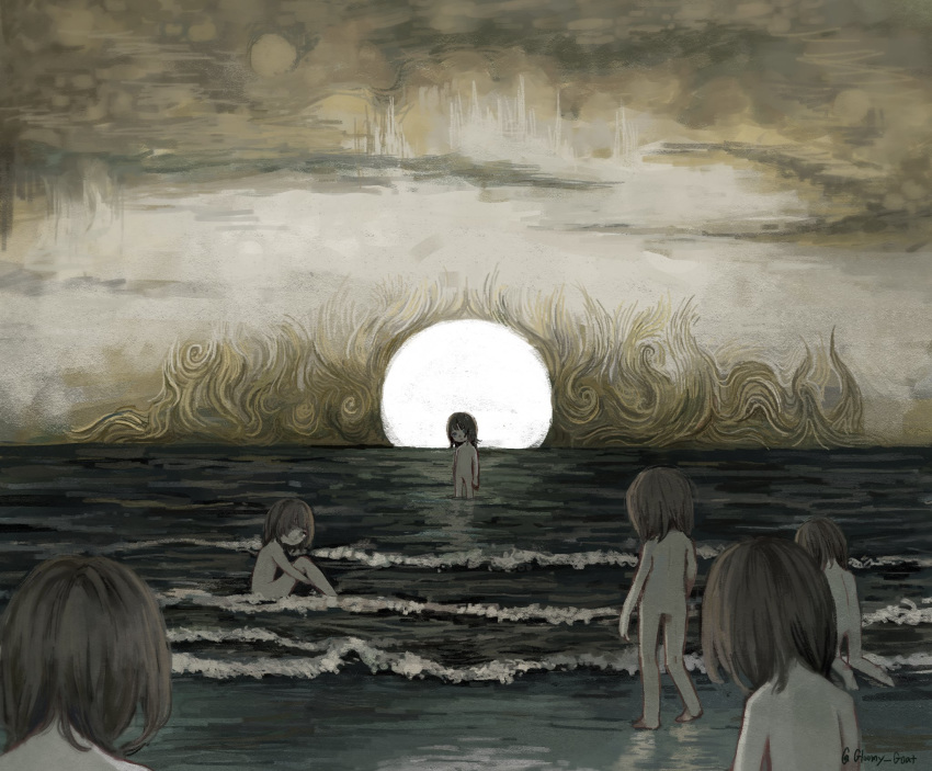 6+girls, beach, brown_hair, child, highres, horizon, kapura, looking_at_viewer, medium_hair, multiple_girls, nude, original, twitter_username, waves