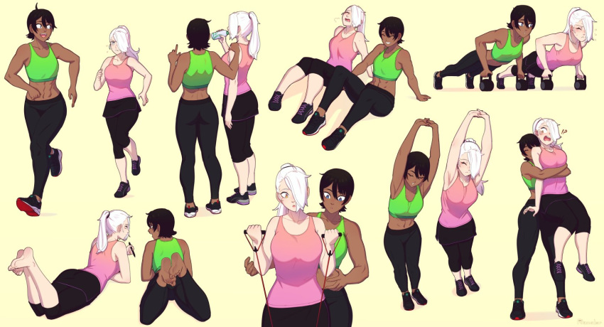 !?, 2girls, :d, abs, andrea_vaeyl, armpits, arms_up, bare_arms, bare_shoulders, barefoot, black_hair, blue_eyes, bottle, breasts, closed_eyes, commentary, crop_top, dark_skin, drinking, english_commentary, exercise, feet_up, hair_over_one_eye, highres, hug, hug_from_behind, k'lyn, large_breasts, lifting_person, long_hair, lying, multiple_girls, multiple_views, muscle, muscular_female, on_stomach, open_mouth, original, pants, pink_tank_top, ponytail, push-ups, razalor, running, short_hair, simple_background, sitting, small_breasts, smile, stretch, tank_top, white_hair, yellow_background, yellow_eyes, yoga_pants