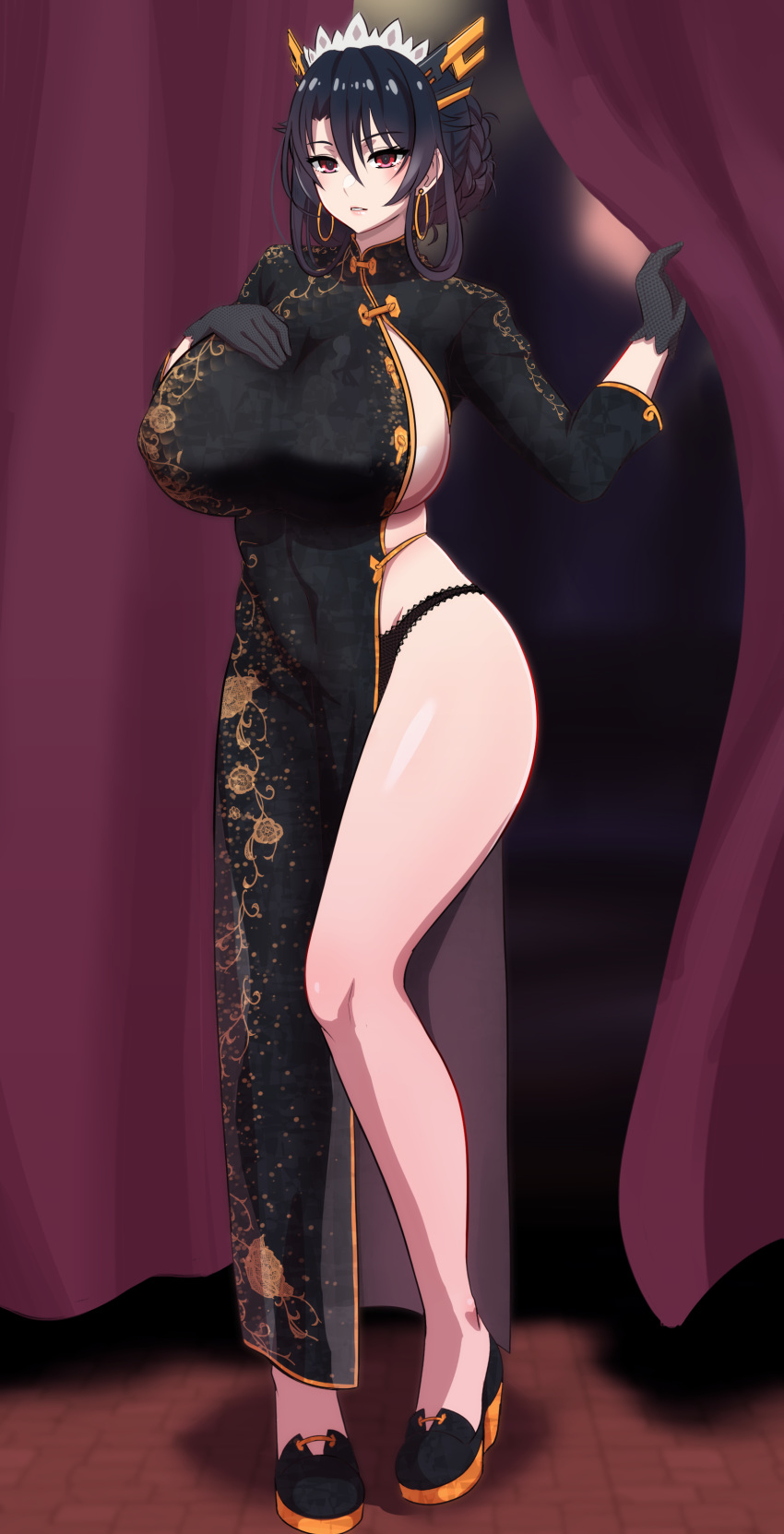 1girl, absurdres, allgreen, bangs, black_dress, black_gloves, black_hair, black_panties