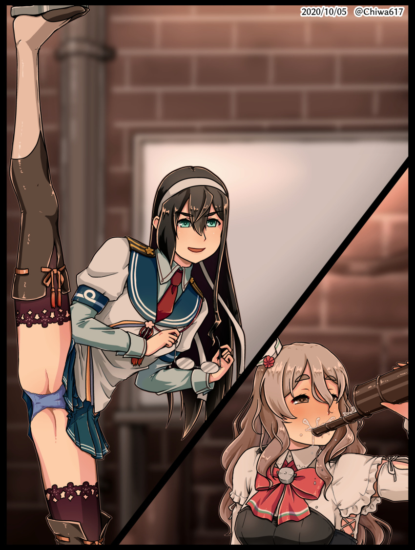2girls, black_hair, blue_sailor_collar, blue_skirt, breasts, brick_wall, brown_eyes, chiwa_(chiwa0617), commentary_request, corset, cowboy_shot, dated, drinking, drum_(container), eyewear_removed, green_eyes, grey_hair, hair_between_eyes, hairband, hat, highres, kantai_collection, long_hair, mini_hat, multiple_girls, necktie, ooyodo_(kantai_collection), pleated_skirt, pola_(kantai_collection), red_neckwear, sailor_collar, school_uniform, semi-rimless_eyewear, serafuku, shirt, skirt, small_breasts, split, split_theme, standing, standing_on_one_leg, standing_split, thigh-highs, tilted_headwear, translation_request, twitter_username, under-rim_eyewear, upper_body, wavy_hair, white_shirt, whiteboard