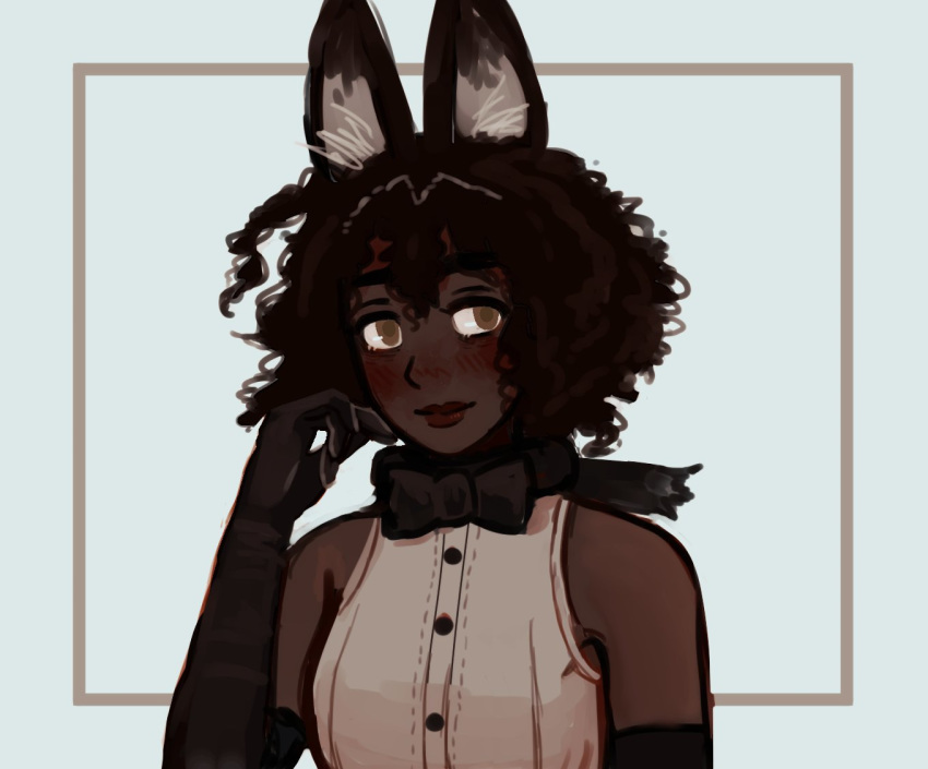 1girl, animal_ears, bare_shoulders, big_hair, blush, bow, bowtie, brown_eyes