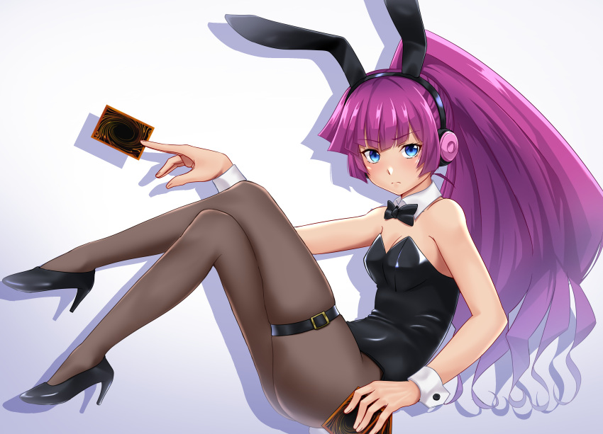 1girl, absurdres, animal_ears, black_footwear, black_legwear, black_leotard, black_neckwear, blue_eyes