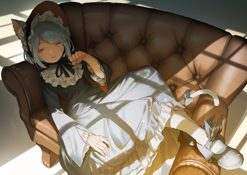 1girl, animal_ear_fluff, animal_ears, bonnet, cat_ears, cat_tail, couch, dress