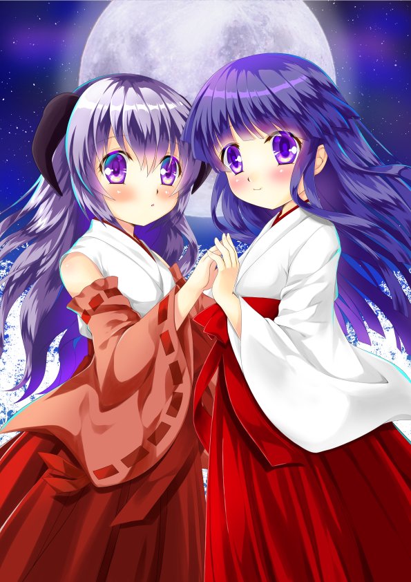 2girls, ancestor_and_descendant, blue_hair, commentary_request, cowboy_shot, detached_sleeves, full_moon, furude_rika