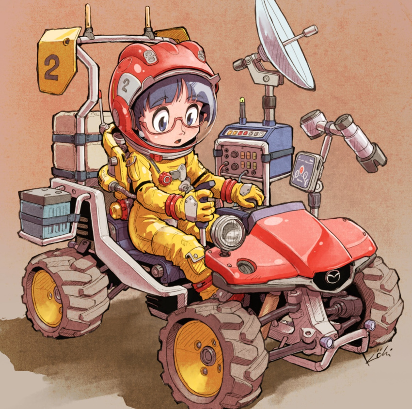 1girl, :o, all-terrain_vehicle, black_hair, commentary, driving, eyebrows_visible_through_hair, glasses