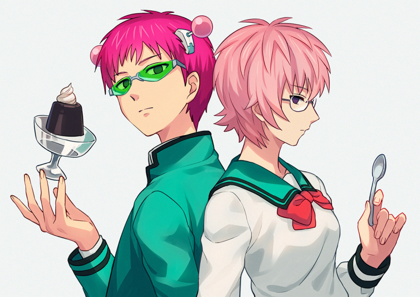1boy, 1girl, antennae, back-to-back, bangs, bow, bowtie, breasts