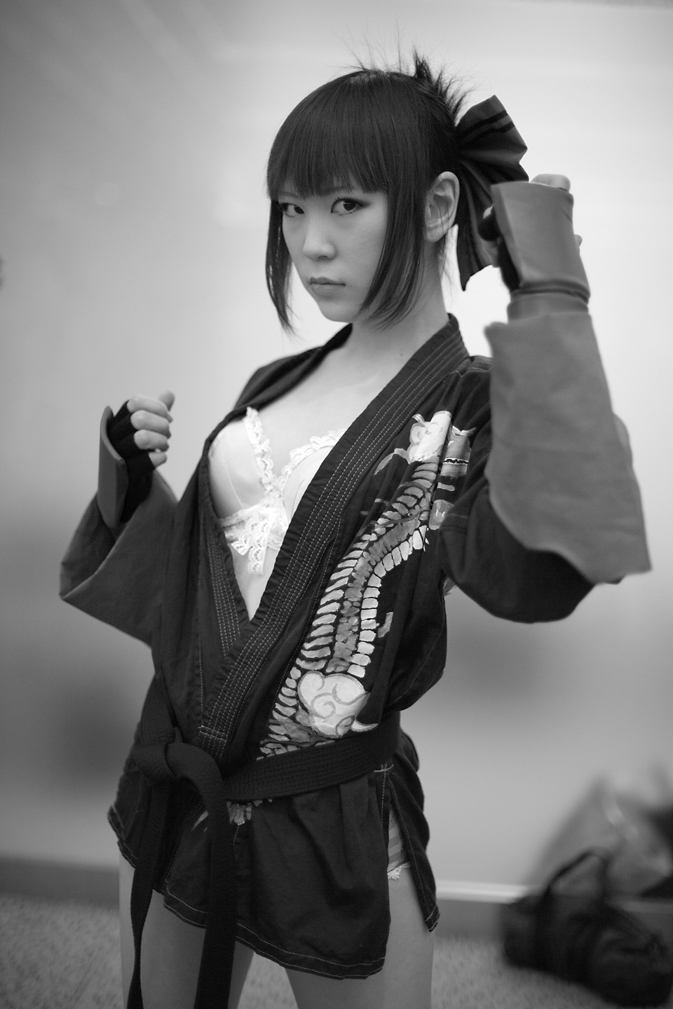 aihara_makoto, black_and_white, bra, cosplay, gloves, hair_bow, kabi, open_gi