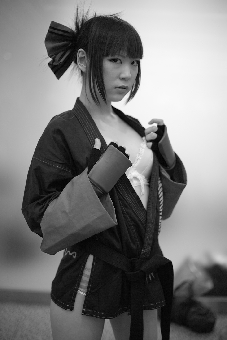 aihara_makoto, black_and_white, bra, cosplay, gloves, hair_bow, kabi, open_gi