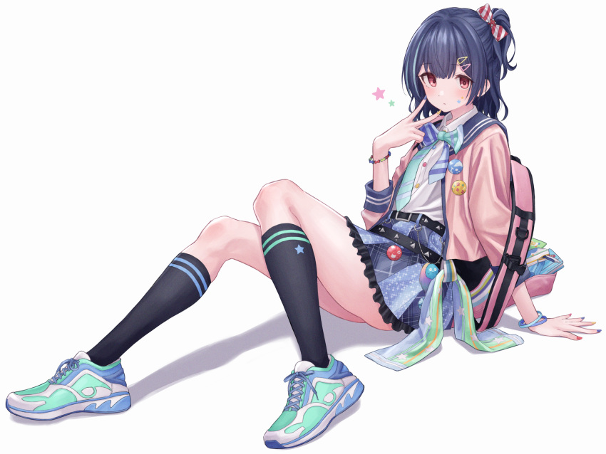 1girl, 3mptydays, aqua_footwear, aqua_hair, aqua_neckwear, arm_support, backpack, badge, bag, bangs, belt, black_hair, black_legwear, blue_footwear, blue_nails, blue_neckwear, blue_sailor_collar, blue_skirt, blush, book, bow, bowtie, bracelet, button_badge, buttons, closed_mouth, collared_shirt, commentary, diagonal-striped_neckwear, diagonal_stripes, dress_shirt, expressionless, eyebrows_visible_through_hair, facial_mark, fingernails, frilled_skirt, frills, full_body, hair_bow, hair_ornament, hairclip, hand_up, highres, idolmaster, idolmaster_shiny_colors, jacket, jewelry, kneehighs, knees_up, long_sleeves, looking_at_viewer, medium_hair, miniskirt, morino_rinze, multicolored, multicolored_hair, multicolored_nails, nail, one_side_up, open_backpack, open_clothes, open_jacket, pen, pencil_case, pink_jacket, plaid, plaid_skirt, print_legwear, red_bow, red_eyes, red_nails, sailor_collar, school_uniform, shadow, shirt, shoes, simple_background, sitting, skirt, sneakers, solo, star_(symbol), star_print, streaked_hair, striped, striped_bow, striped_legwear, striped_neckwear, symbol_commentary, two-tone_footwear, two-tone_hair, two-tone_neckwear, v, white_background, white_shirt, yellow_nails