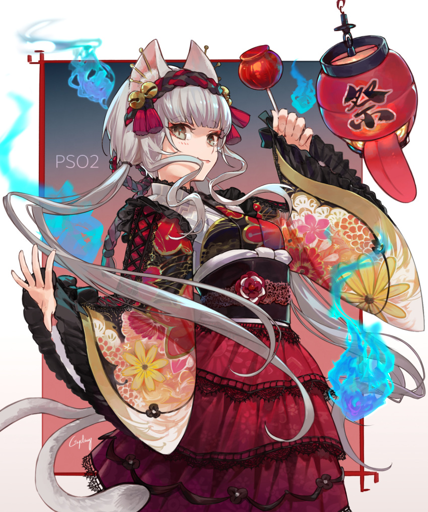 1girl, :3, animal_ear_fluff, animal_ears, bangs, bell, blue_fire, blunt_bangs