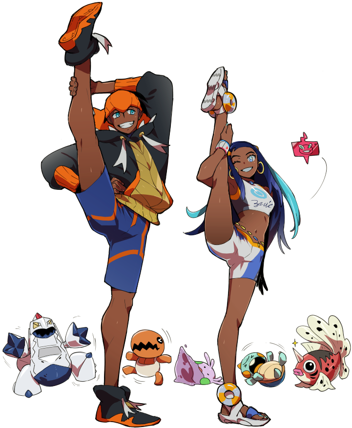 1boy, 1girl, bike_shorts, blue_eyes, blue_hair, chewtle, crop_top, dark_skin