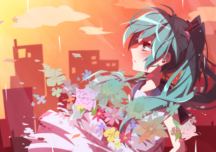1girl, aosaki_yato, aqua_hair, blue_collar, blue_eyes, blush, cityscape, collar