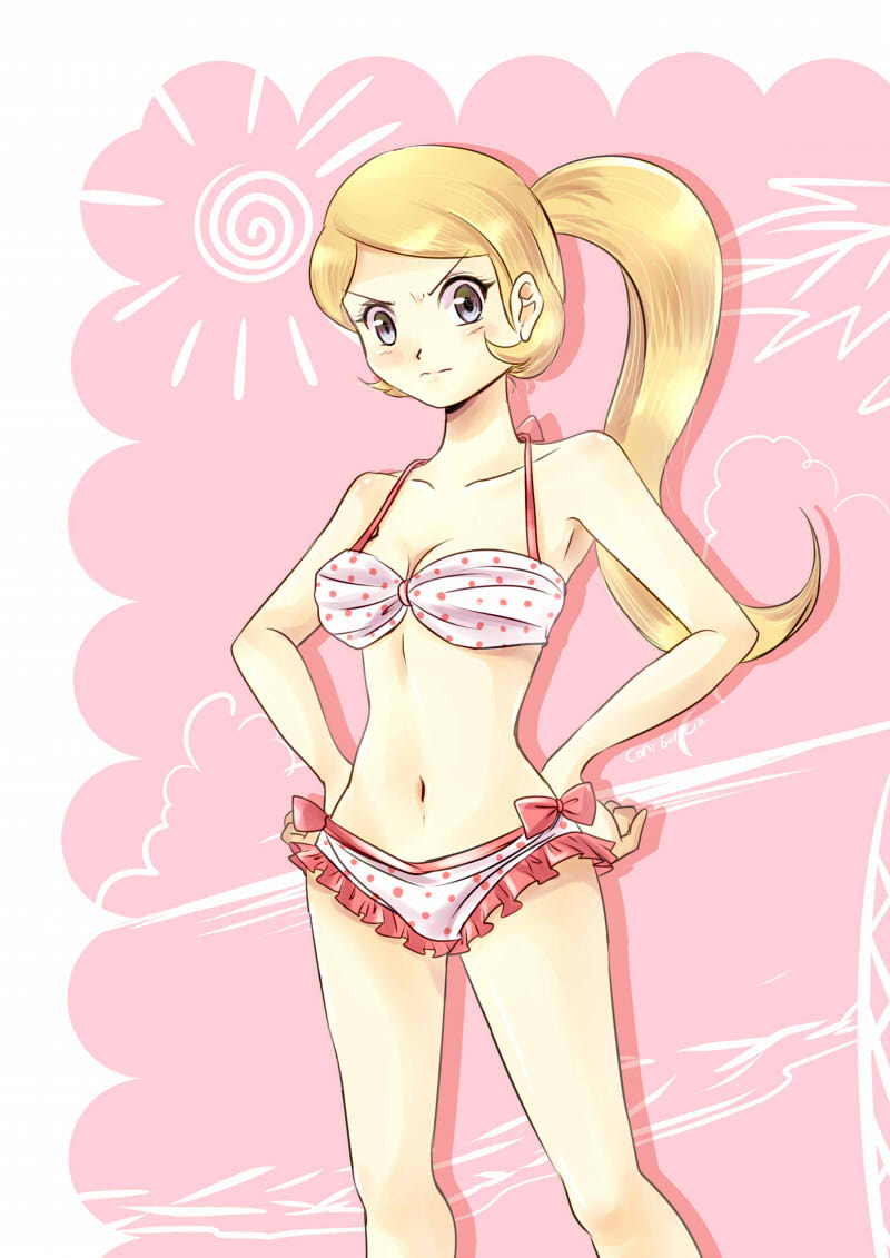 1girl, angry, artist_name, bikini, black_eyes, blonde_hair, blush, clouds