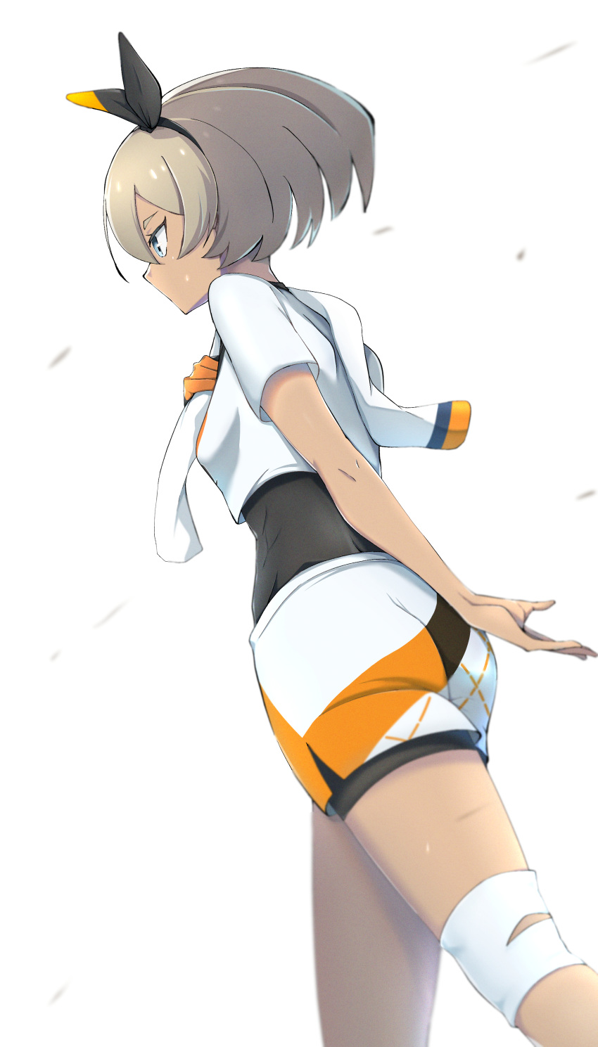 1girl, absurdres, arm_behind_back, bea_(pokemon), black_bodysuit, black_hairband, blonde_hair, blue_eyes